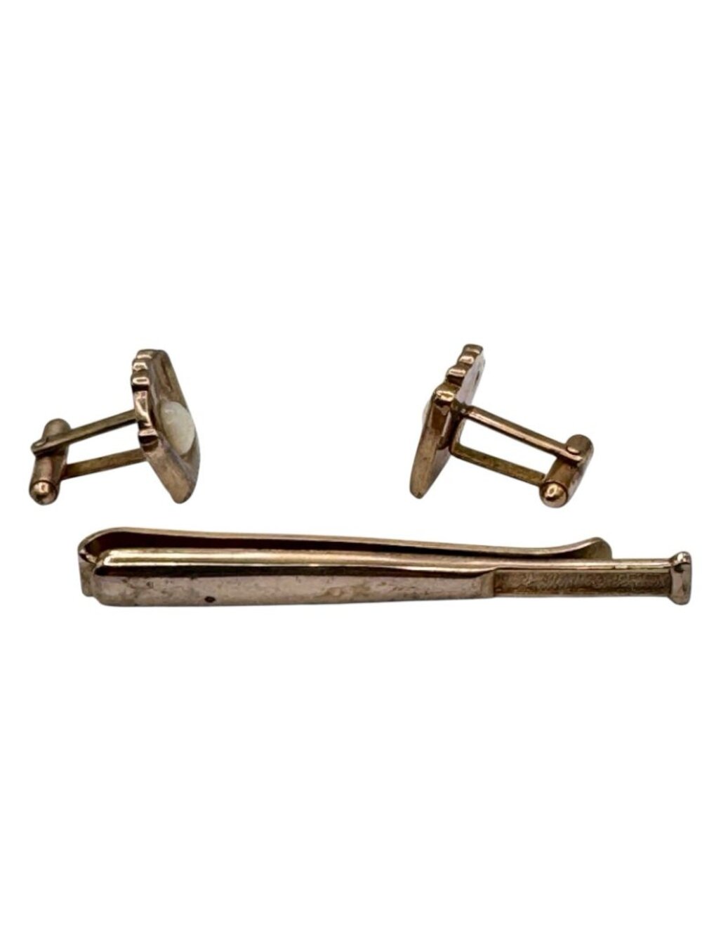 Baseball Motif Cuff Links Tie Clip MOP Baseball in Mitt Gold Tone Vintage 1950s - Picture 4 of 9